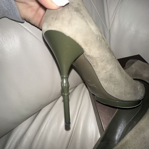 Authentic GUCCI Olive Green Suede Bamboo Stiletto Peep Toe Heel Shoe Size 39 EUC - Picture 13 of 16